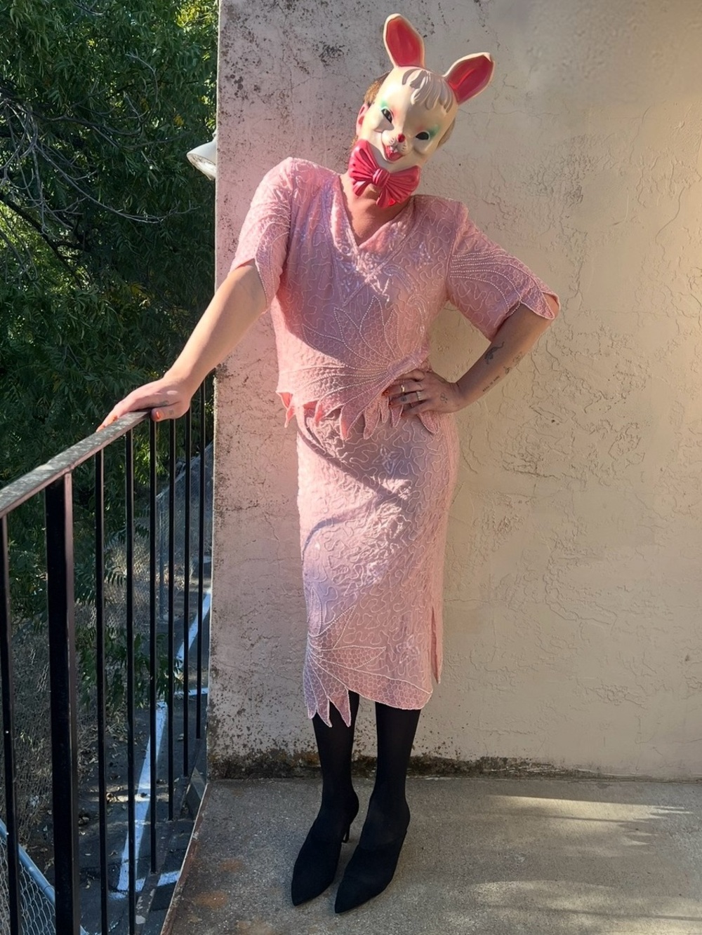 Deadstock Pastel Pink Sequined Art Deco Blouse And Skirt Set